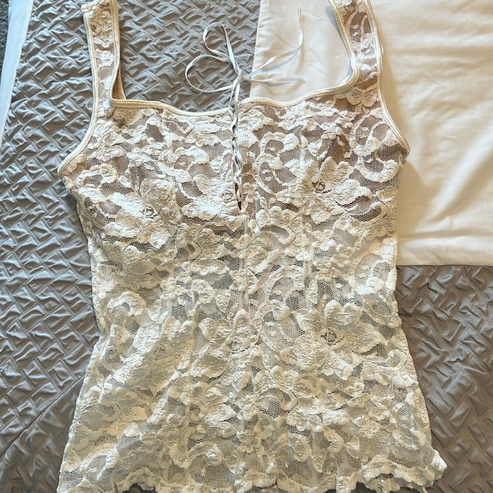 WHITE HOUSE BLACK MARKET Lace off-white camisole. With brown modesty bralette.